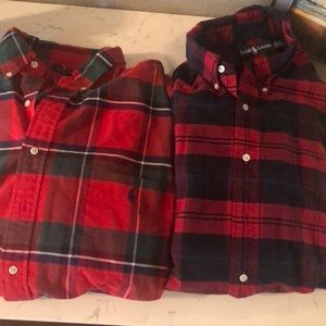 Two red plaid long sleeve Ralph Lauren polos.